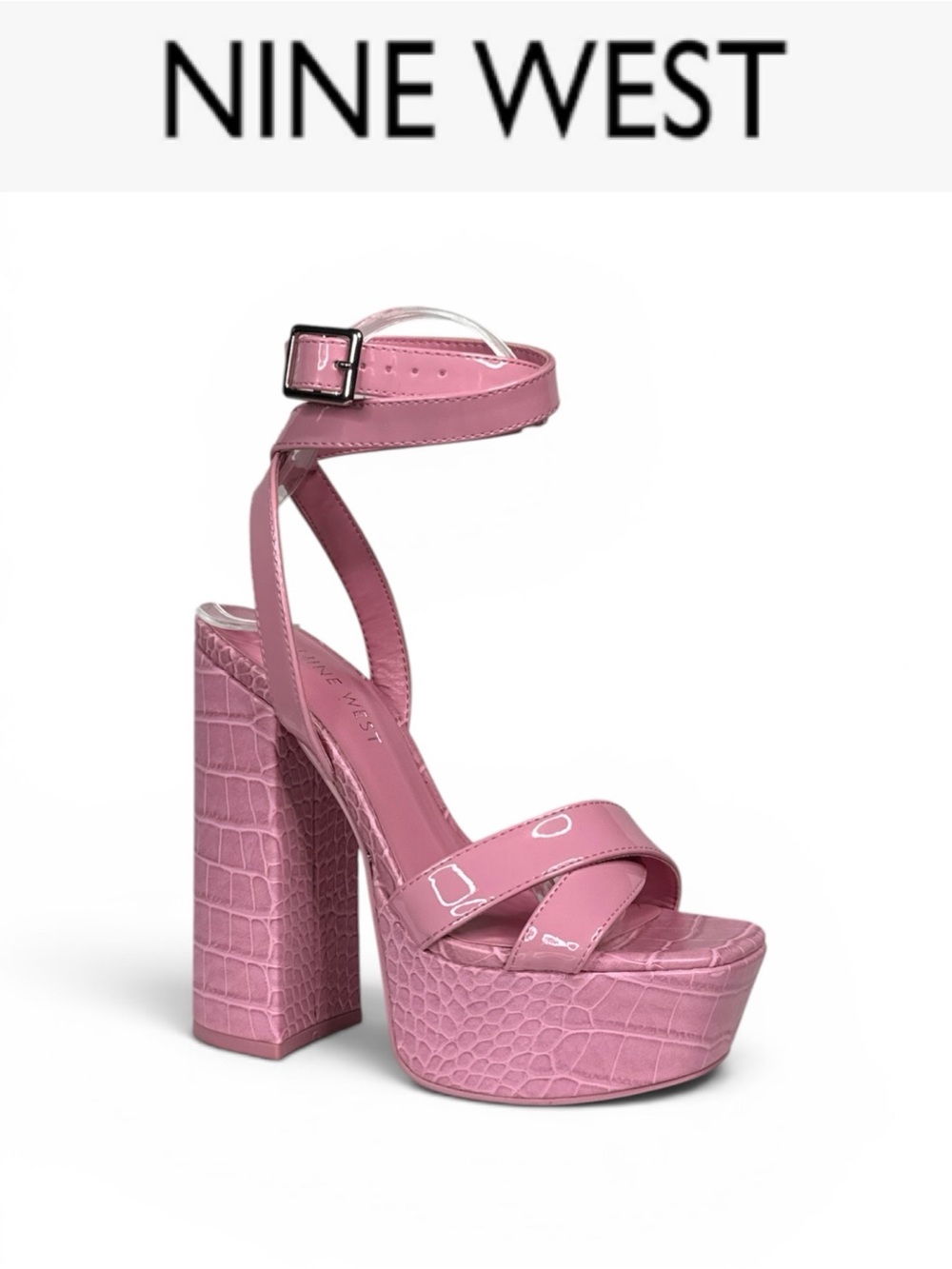 NINE WEST PINK CROC EMBOSSED PATENT PLATFORM SANDALS SIZE 5.5 Y2K BARBIECORE